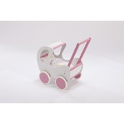 Poppenwagen hout groot wit-roze 
